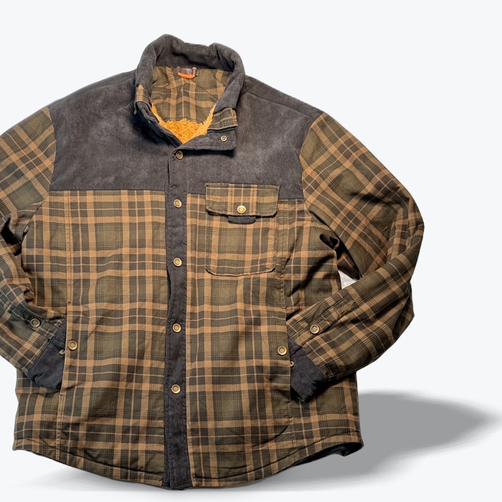 Mens Plaid Sherpa Lined Shirt Jacket Brown Shacket Olive Corduroy Yoke Snap XL